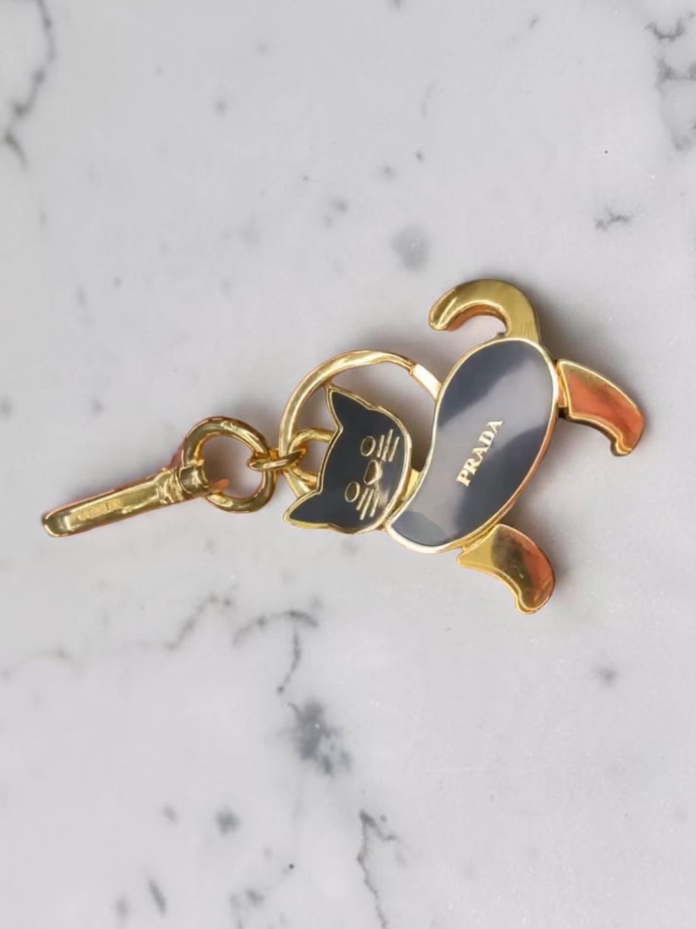 PRADA Gold-Tone Enamel Cat Keychain & Bag Charm | Black & Gold Designer Accessor - Picture 4 of 6